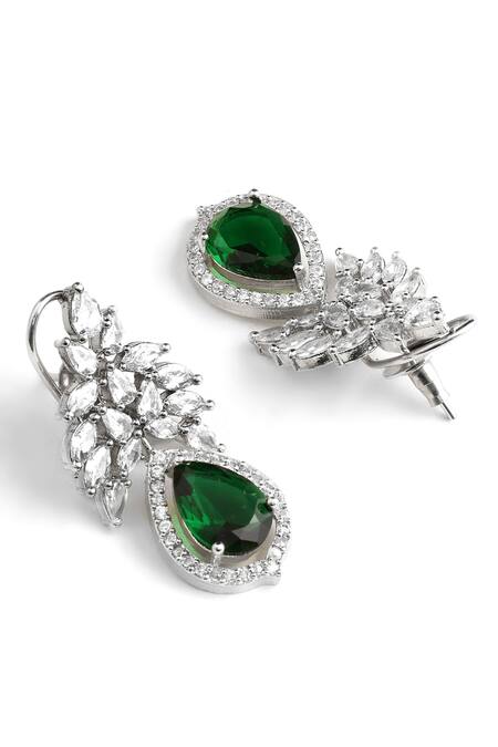 Shop_Ruby Raang_Green Imitation Gemstones Emerald And Diamond Designer Earrings _Online_at_Aza_Fashions