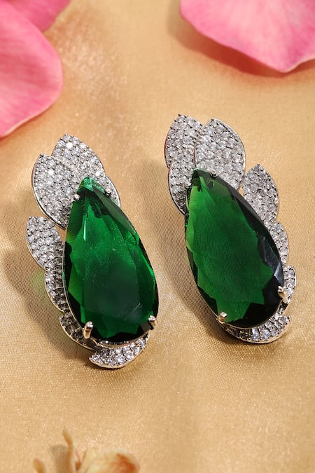 Shop_Ruby Raang_Green Crystals Emerald Stone Designer Earrings _at_Aza_Fashions
