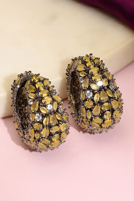 Shop_Ruby Raang_Yellow Stones Designer Loops Earrings _at_Aza_Fashions