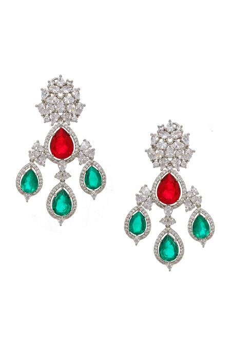 Ruby Raang Multi Color Gemstones, Crystals Long Diamond And Stone Earrings Online at Aza Fashions Ruby Raang_Multi Color Gemstones, Crystals Long Diamond And Stone Earrings _Online_at_Aza_Fashions