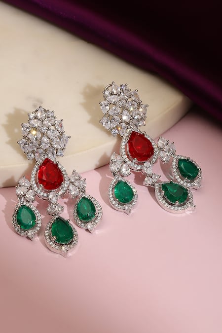 Shop_Ruby Raang_Multi Color Gemstones, Crystals Long Diamond And Stone Earrings _at_Aza_Fashions