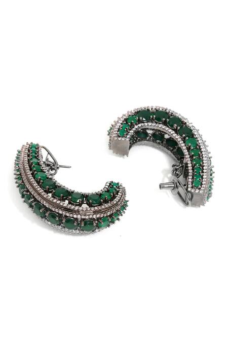 Ruby Raang Green Crystals, Gemstones Designer Half Hoop Earrings Online at Aza Fashions Ruby Raang_Green Crystals, Gemstones Designer Half Hoop Earrings _Online_at_Aza_Fashions