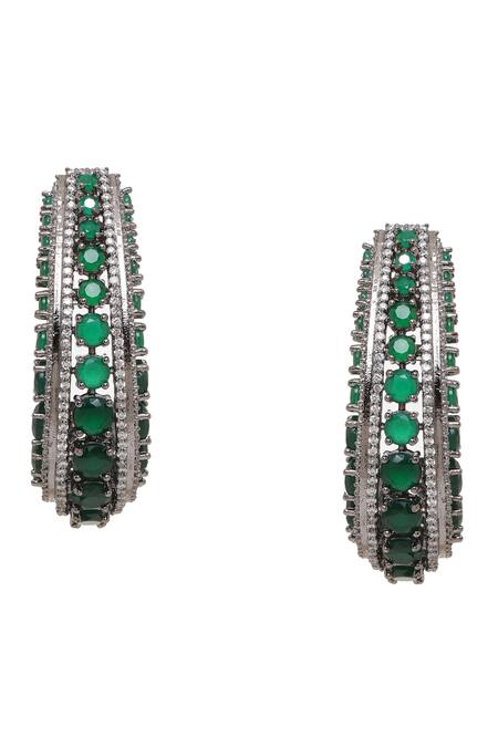 Buy Ruby Raang Green Crystals, Gemstones Designer Half Hoop Earrings Online at Aza Fashions Buy_Ruby Raang_Green Crystals, Gemstones Designer Half Hoop Earrings _Online_at_Aza_Fashions
