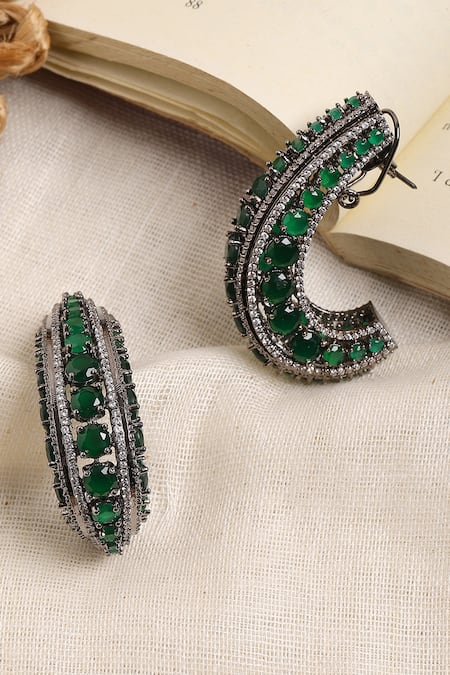 Shop_Ruby Raang_Green Crystals, Gemstones Designer Half Hoop Earrings _at_Aza_Fashions