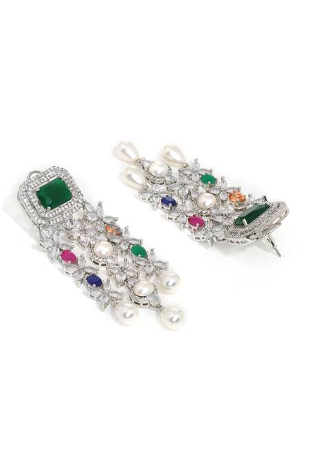 Ruby Raang Multi Color Gemstones, Pearls Long Stone Earrings With Drops Online at Aza Fashions Ruby Raang_Multi Color Gemstones, Pearls Long Stone Earrings With Drops _Online_at_Aza_Fashions