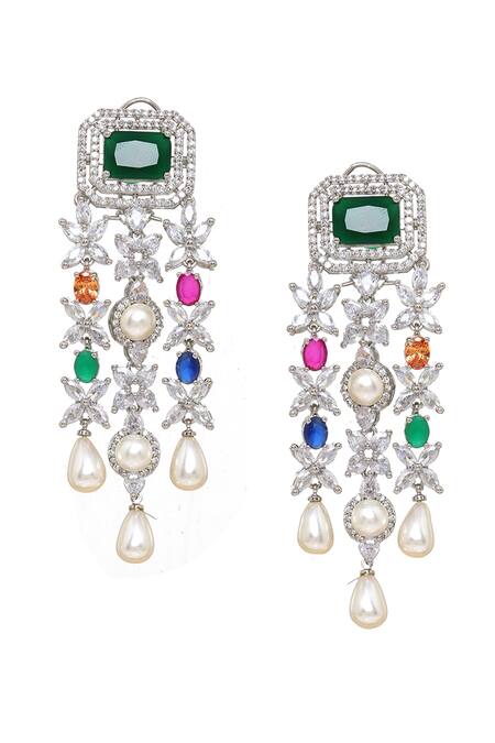 Buy Ruby Raang Multi Color Gemstones, Pearls Long Stone Earrings With Drops Online at Aza Fashions Buy_Ruby Raang_Multi Color Gemstones, Pearls Long Stone Earrings With Drops _Online_at_Aza_Fashions