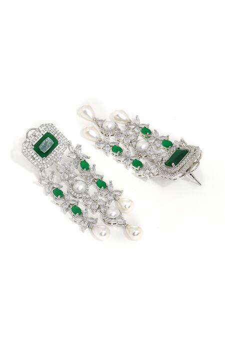 Ruby Raang Green Crystals, Pearls, Gemstones Long And Emerald Earrings Online at Aza Fashions Ruby Raang_Green Crystals, Pearls, Gemstones Long And Emerald Earrings _Online_at_Aza_Fashions