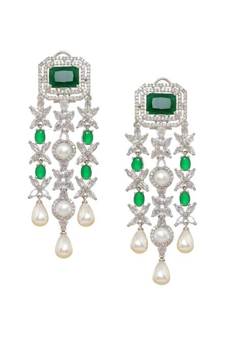 Buy Ruby Raang Green Crystals, Pearls, Gemstones Long And Emerald Earrings Online at Aza Fashions Buy_Ruby Raang_Green Crystals, Pearls, Gemstones Long And Emerald Earrings _Online_at_Aza_Fashions