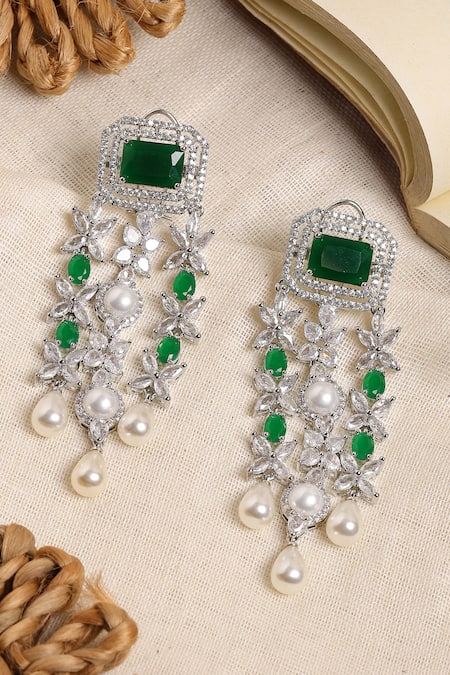 Shop_Ruby Raang_Green Crystals, Pearls, Gemstones Long And Emerald Earrings _at_Aza_Fashions