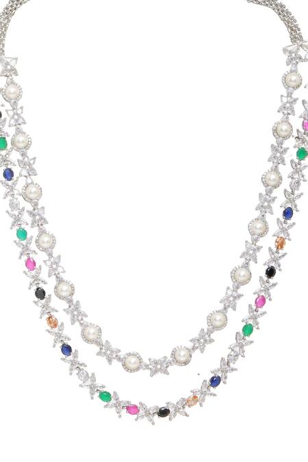 Shop Ruby Raang Multi Color Gemstones, Pearls Stone Double Layered Necklace And Earrings Online at Aza Fashions Shop_Ruby Raang_Multi Color Gemstones, Pearls Stone Double Layered Necklace And Earrings _Online_at_Aza_Fashions