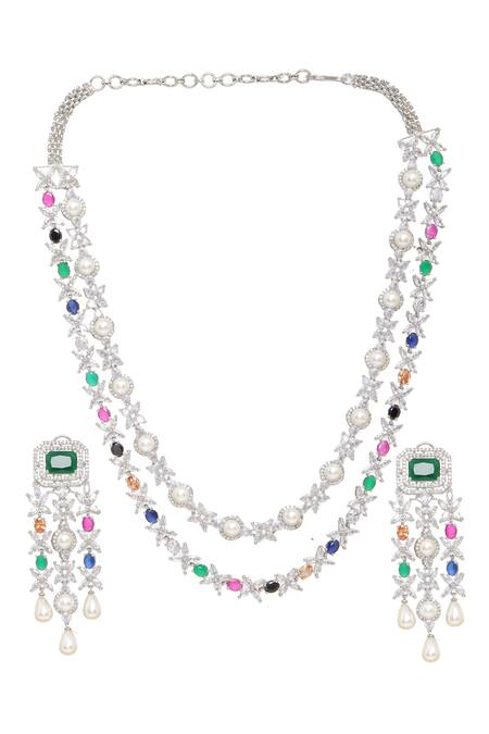 Ruby Raang Multi Color Gemstones, Pearls Stone Double Layered Necklace And Earrings at Aza Fashions Ruby Raang_Multi Color Gemstones, Pearls Stone Double Layered Necklace And Earrings _at_Aza_Fashions