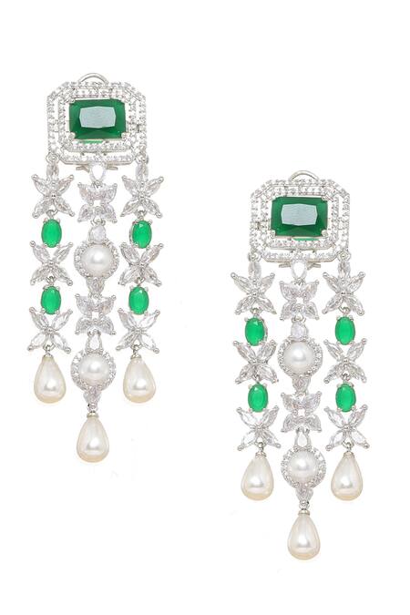 Shop Ruby Raang Green Gemstones, Pearls Emerald Layered Necklace And Earring Set Online at Aza Fashions Shop_Ruby Raang_Green Gemstones, Pearls Emerald Layered Necklace And Earring Set _Online_at_Aza_Fashions