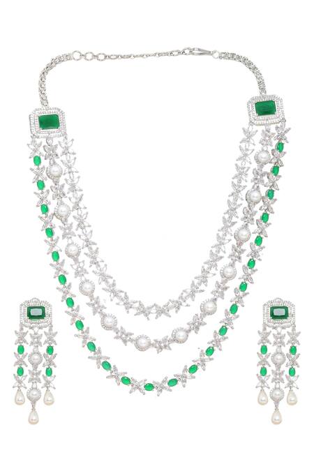 Buy Ruby Raang Green Gemstones, Pearls Emerald Layered Necklace And Earring Set Buy_Ruby Raang_Green Gemstones, Pearls Emerald Layered Necklace And Earring Set