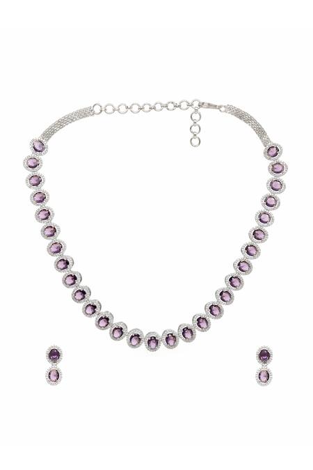 Ruby Raang_Purple Rhinestones Designer Necklace And Earrings Set _Online_at_Aza_Fashions
