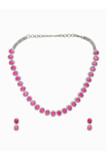 Ruby Raang_Pink Rhinestones Designer Necklace And Earring Set _Online_at_Aza_Fashions