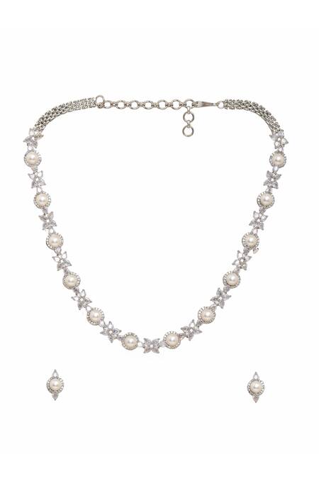 Ruby Raang_White Pearls, Diamonds Embellished Necklace Set _Online_at_Aza_Fashions