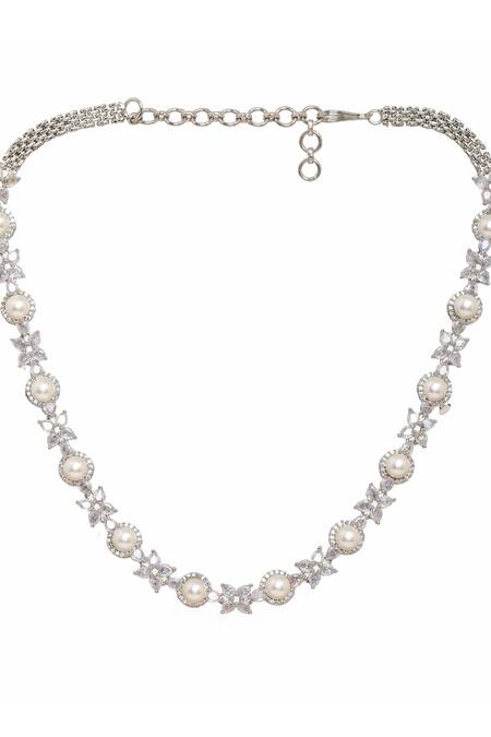 Shop Ruby Raang White Pearls, Diamonds Embellished Necklace Set Online at Aza Fashions Shop_Ruby Raang_White Pearls, Diamonds Embellished Necklace Set _Online_at_Aza_Fashions