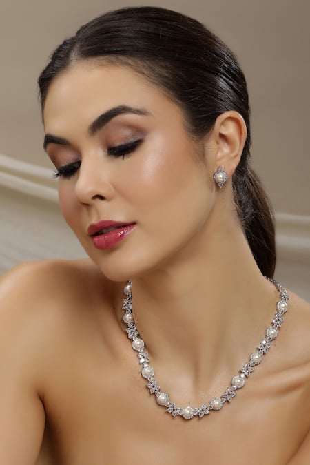 Ruby Raang White Pearls, Diamonds Embellished Necklace Set 