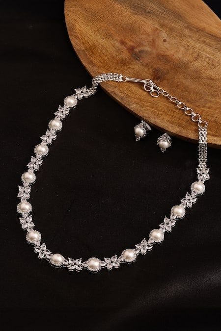 Shop_Ruby Raang_White Pearls, Diamonds Embellished Necklace Set _at_Aza_Fashions