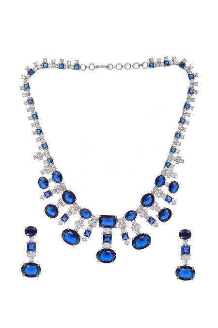 Shop Ruby Raang Blue Crystals, Stones Embellished Necklace Set Online at Aza Fashions Shop_Ruby Raang_Blue Crystals, Stones Embellished Necklace Set _Online_at_Aza_Fashions