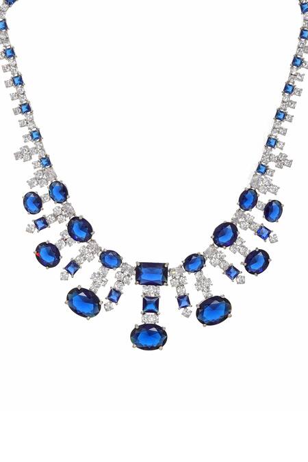 Ruby Raang Blue Crystals, Stones Embellished Necklace Set at Aza Fashions Ruby Raang_Blue Crystals, Stones Embellished Necklace Set _at_Aza_Fashions