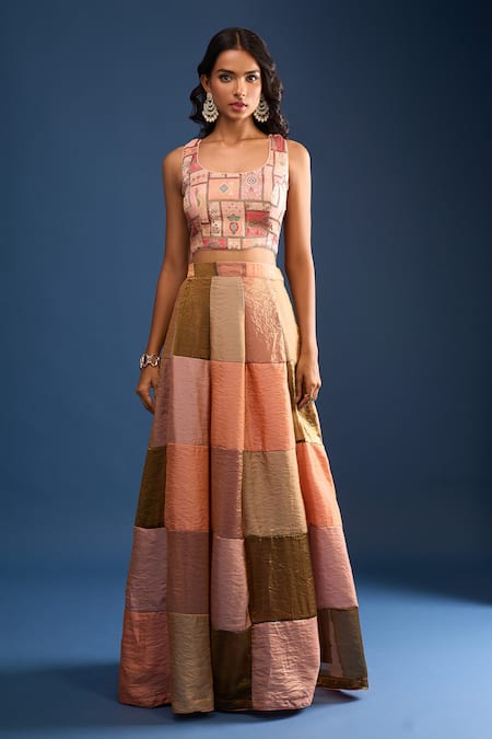 Naintara Bajaj_Multi Color Brocade, Silk Embroidery Round Neck Lehenga Set _Online_at_Aza_Fashions