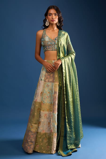 Naintara Bajaj_Multi Color Brocade, Silk Embroidery V-neck Lehenga Set _Online_at_Aza_Fashions