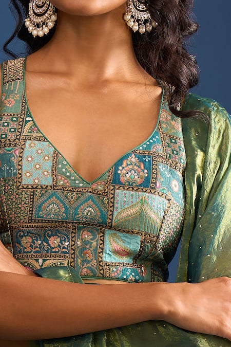 Shop_Naintara Bajaj_Multi Color Brocade, Silk Embroidery V-neck Lehenga Set _Online_at_Aza_Fashions