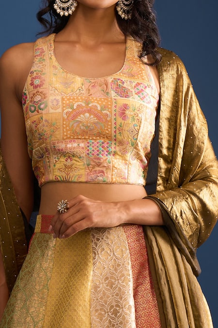 Buy_Naintara Bajaj_Multi Color Brocade, Silk Embroidery Round Neck Lehenga Set _Online_at_Aza_Fashions