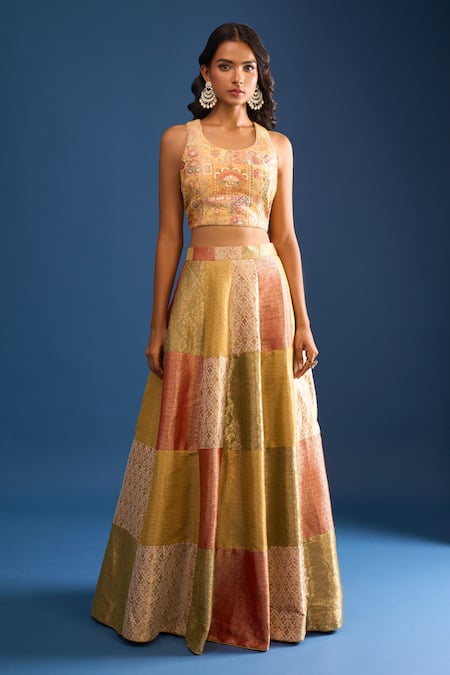 Shop_Naintara Bajaj_Multi Color Brocade, Silk Embroidery Round Neck Lehenga Set _Online_at_Aza_Fashions