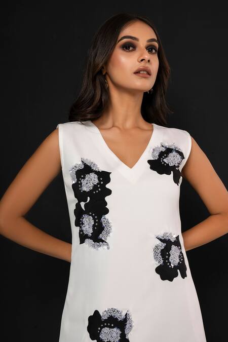 That Thing You Love_White Neoprene Applique V-neck Belle Fleur Dress _Online_at_Aza_Fashions