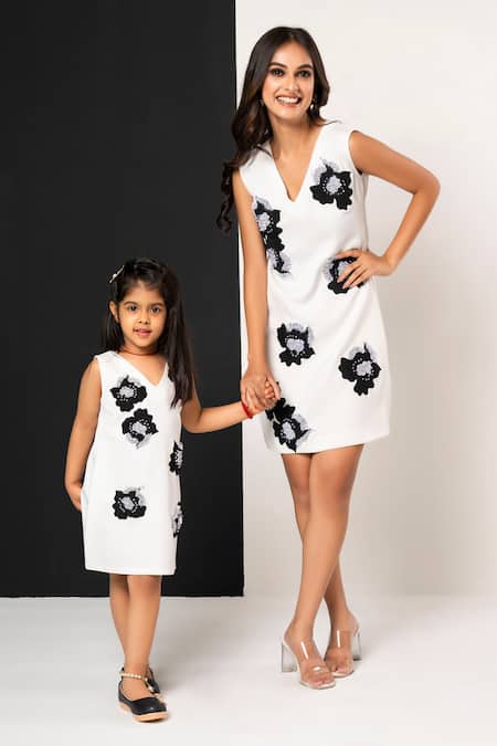 Buy_That Thing You Love_White Neoprene Applique V-neck Belle Fleur Dress _Online_at_Aza_Fashions