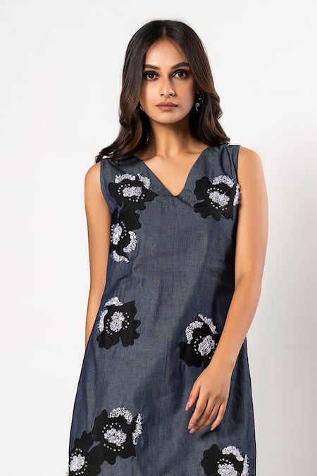 Buy That Thing You Love Blue Lycra, Cotton, Denim Embroidery V-neck Belle Fleur Dress Online at Aza Fashions Buy_That Thing You Love_Blue Lycra, Cotton, Denim Embroidery V-neck Belle Fleur Dress _Online_at_Aza_Fashions