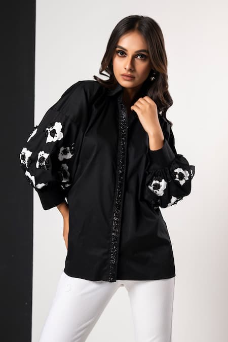 That Thing You Love Black Cotton Beads, Fabric Flowers Collared Jardin Fleur Shirt 