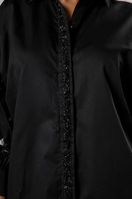 Shop That Thing You Love Black Cotton Beads, Fabric Flowers Collared Jardin Fleur Shirt Online at Aza Fashions Shop_That Thing You Love_Black Cotton Beads, Fabric Flowers Collared Jardin Fleur Shirt _Online_at_Aza_Fashions