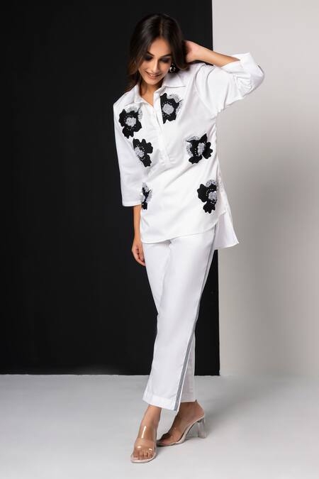 That Thing You Love_White Cotton Embroidery, Sequins Collared Jardin Fleur Shirt _Online_at_Aza_Fashions
