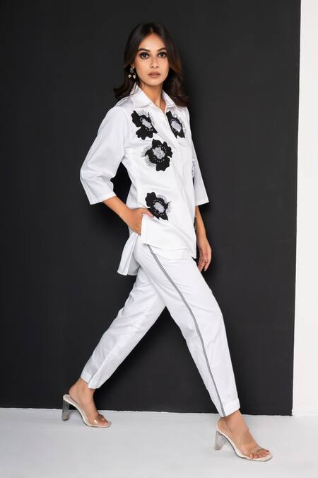 Shop_That Thing You Love_White Cotton Embroidery, Sequins Collared Jardin Fleur Shirt _Online_at_Aza_Fashions