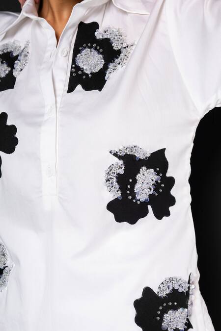 That Thing You Love_White Cotton Embroidery, Sequins Collared Jardin Fleur Shirt _at_Aza_Fashions