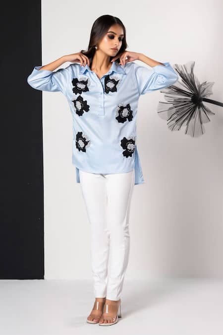 That Thing You Love Sky Blue Cotton Embroidery Collared Jardin Fleur Shirt