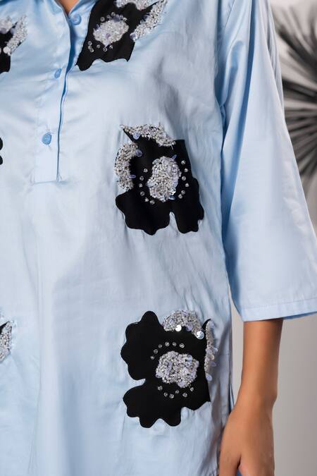 That Thing You Love_Sky Blue Cotton Embroidery Collared Jardin Fleur Shirt _Online_at_Aza_Fashions