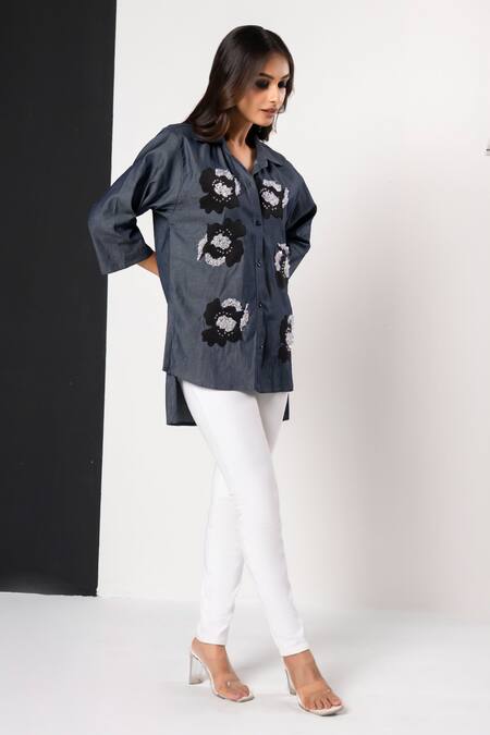 That Thing You Love_Blue Cotton, Lycra, Denim Embroidery, Beads Collared Jardin Fleur Shirt _Online_at_Aza_Fashions