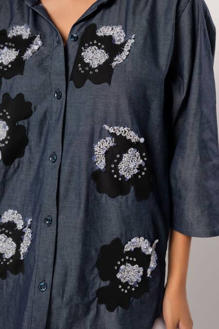 Buy_That Thing You Love_Blue Cotton, Lycra, Denim Embroidery, Beads Collared Jardin Fleur Shirt _Online_at_Aza_Fashions