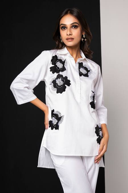 That Thing You Love_White Cotton Applique, Sequins Collared Jardin Fleur Shirt And Pant Set _Online_at_Aza_Fashions