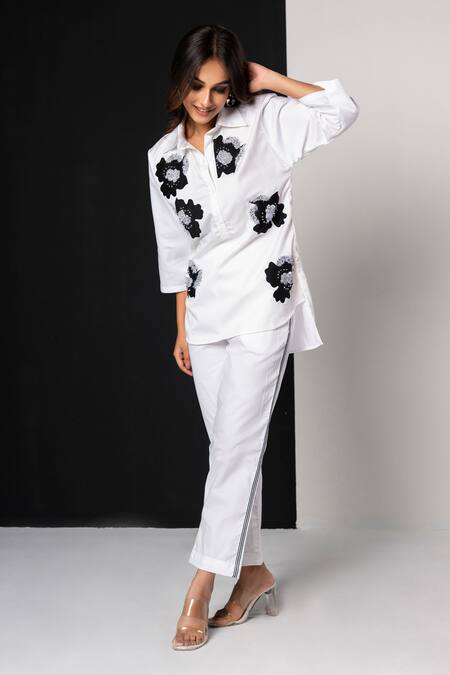 Buy_That Thing You Love_White Cotton Applique, Sequins Collared Jardin Fleur Shirt And Pant Set _Online_at_Aza_Fashions