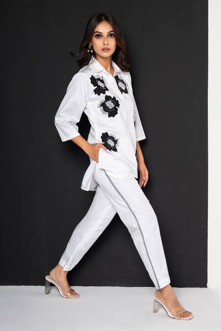 Shop_That Thing You Love_White Cotton Applique, Sequins Collared Jardin Fleur Shirt And Pant Set _Online_at_Aza_Fashions