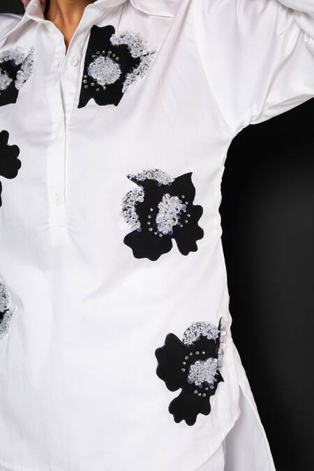 That Thing You Love_White Cotton Applique, Sequins Collared Jardin Fleur Shirt And Pant Set _at_Aza_Fashions