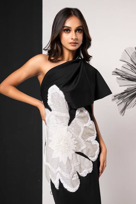 That Thing You Love_Black Neoprene Cut Work, Embroidery One Shoulder Cutdana Dress _Online_at_Aza_Fashions