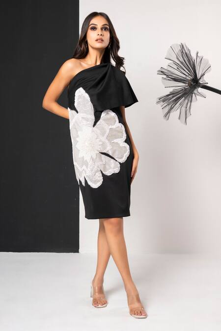 Buy_That Thing You Love_Black Neoprene Cut Work, Embroidery One Shoulder Cutdana Dress _Online_at_Aza_Fashions