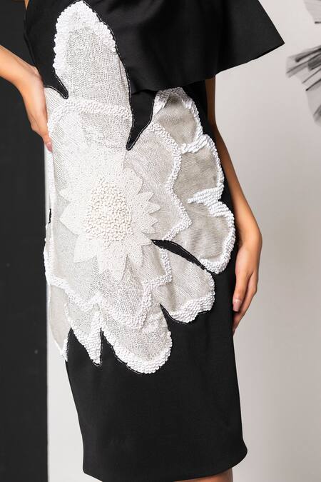 That Thing You Love_Black Neoprene Cut Work, Embroidery One Shoulder Cutdana Dress _at_Aza_Fashions