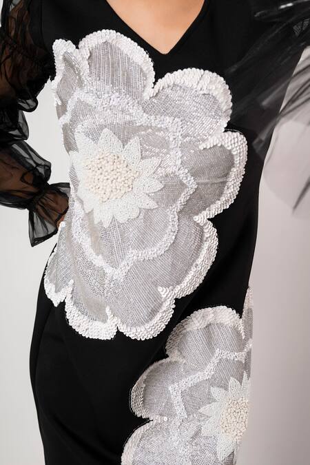 Shop_That Thing You Love_Black Neoprene, Organza Sequins, Embroidery V-neck Dual Flower Cutdana Dress _Online_at_Aza_Fashions